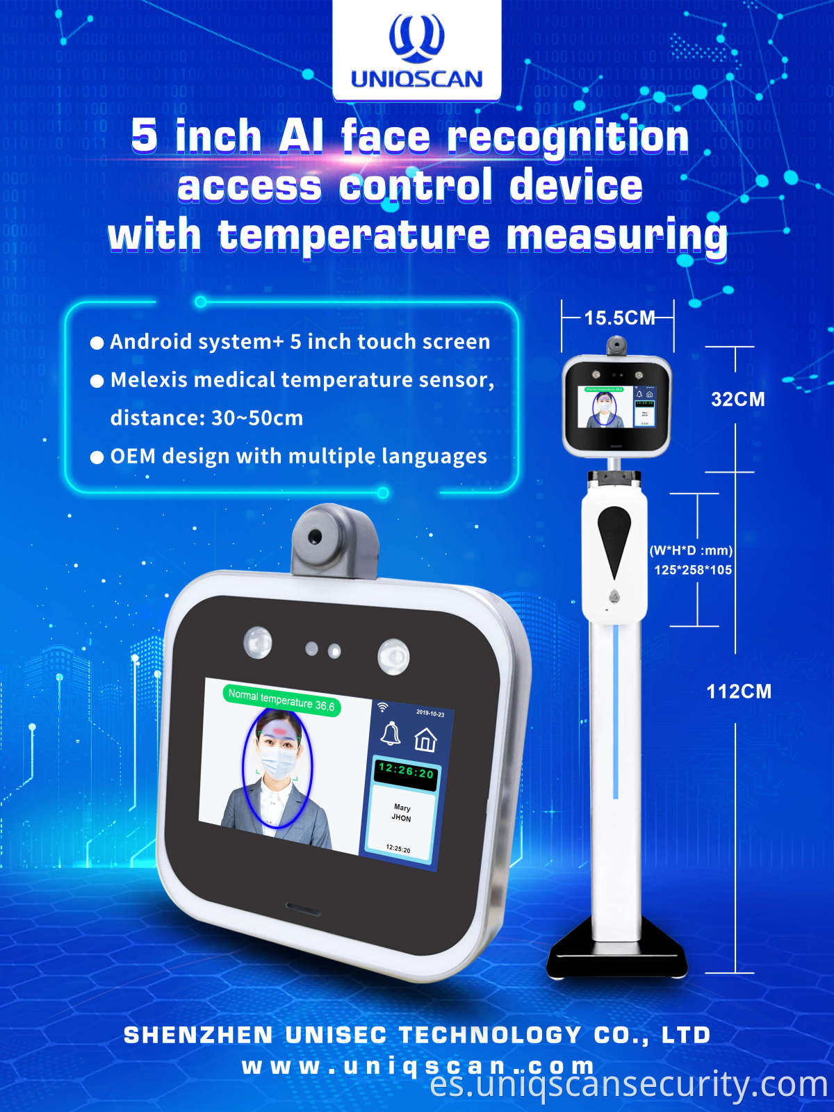 Detección de temperatura facial Control de acceso Cámara Cerradura de puerta Reconocimiento facial Detector de temperatura